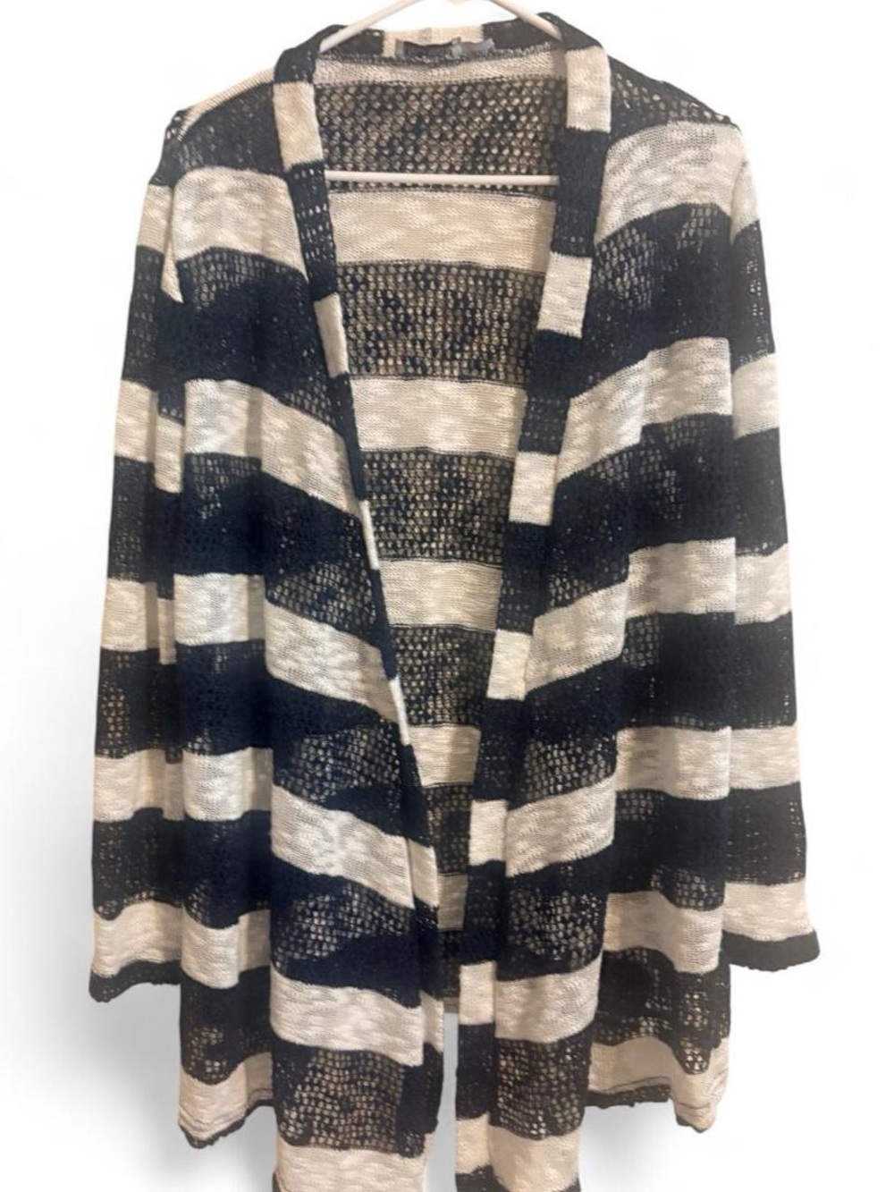 Retro Threads Open-Front Striped Women's Cardigan Sweater in Blue & Cream Sz L